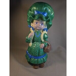 MCM 70s Holly Hobbie Type Girl Bonnet Girl Ceramic Green Blue Vintage Retro 12"